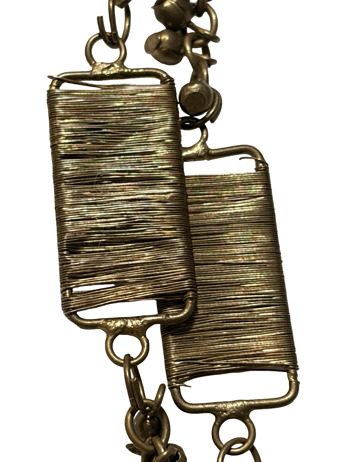 Vintage Brass Tone Wrapped Wire Panel &amp; Bell Chain Statement Necklace