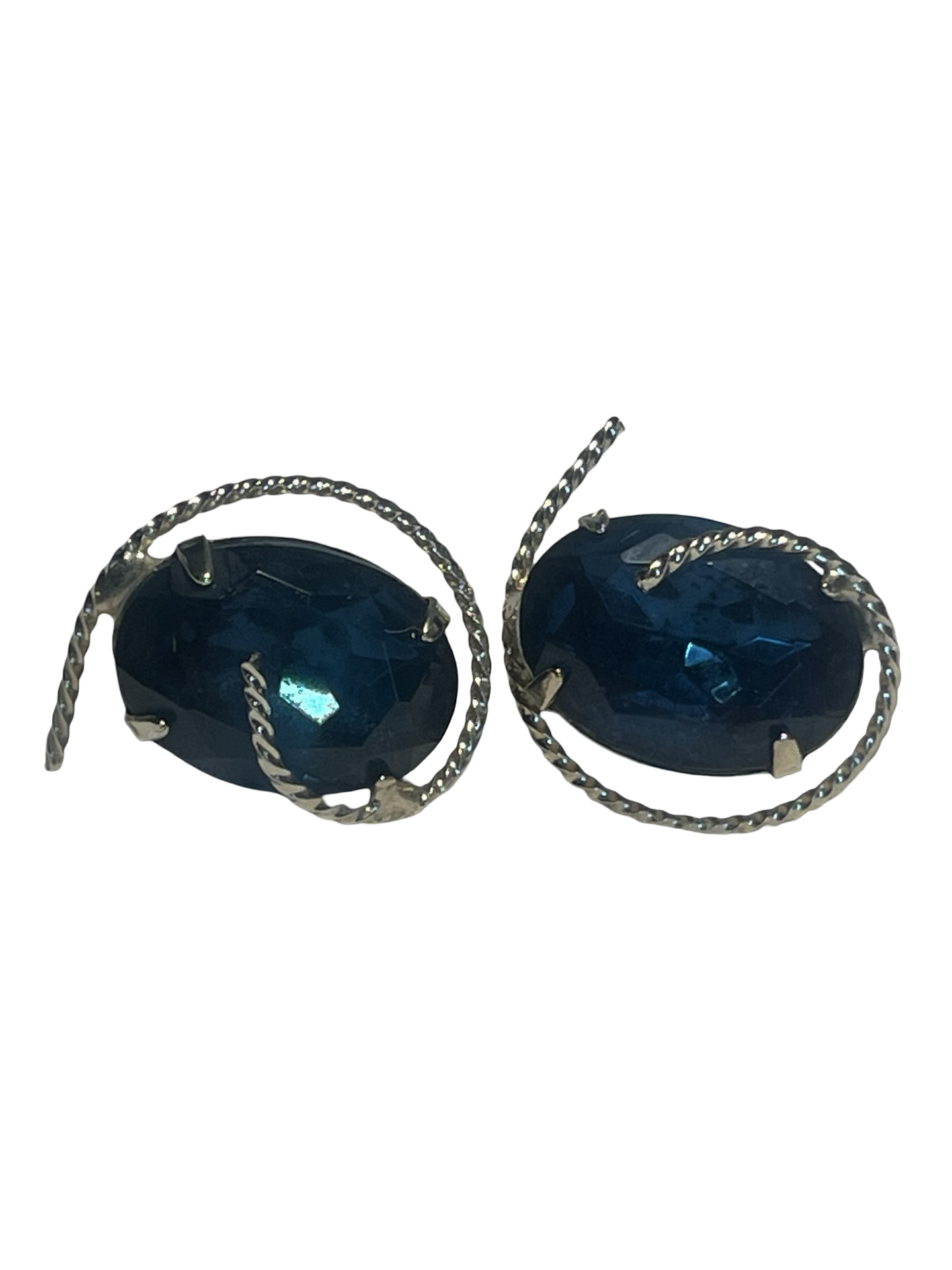 Vintage Silver Tone Blue Rhinestone Clip-On Earrings – Oval Faceted Crystal Statement Earrings