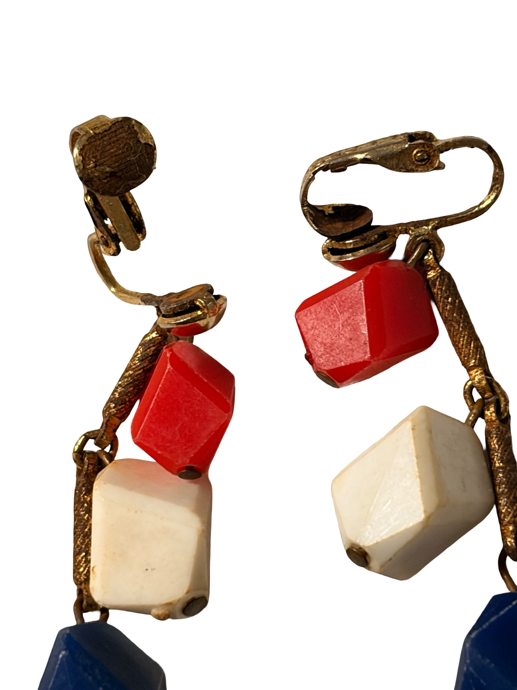 Vintage Red White Blue Lucite Geometric Dangle Clip-On Earrings Gold Tone