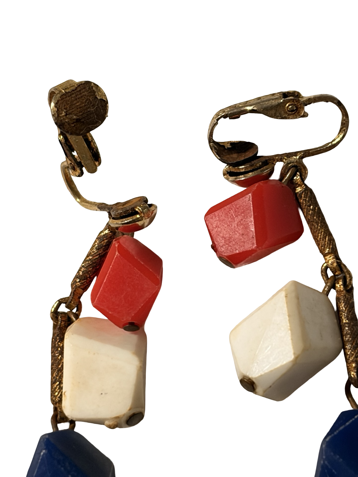 Vintage Red White Blue Lucite Geometric Dangle Clip-On Earrings Gold Tone