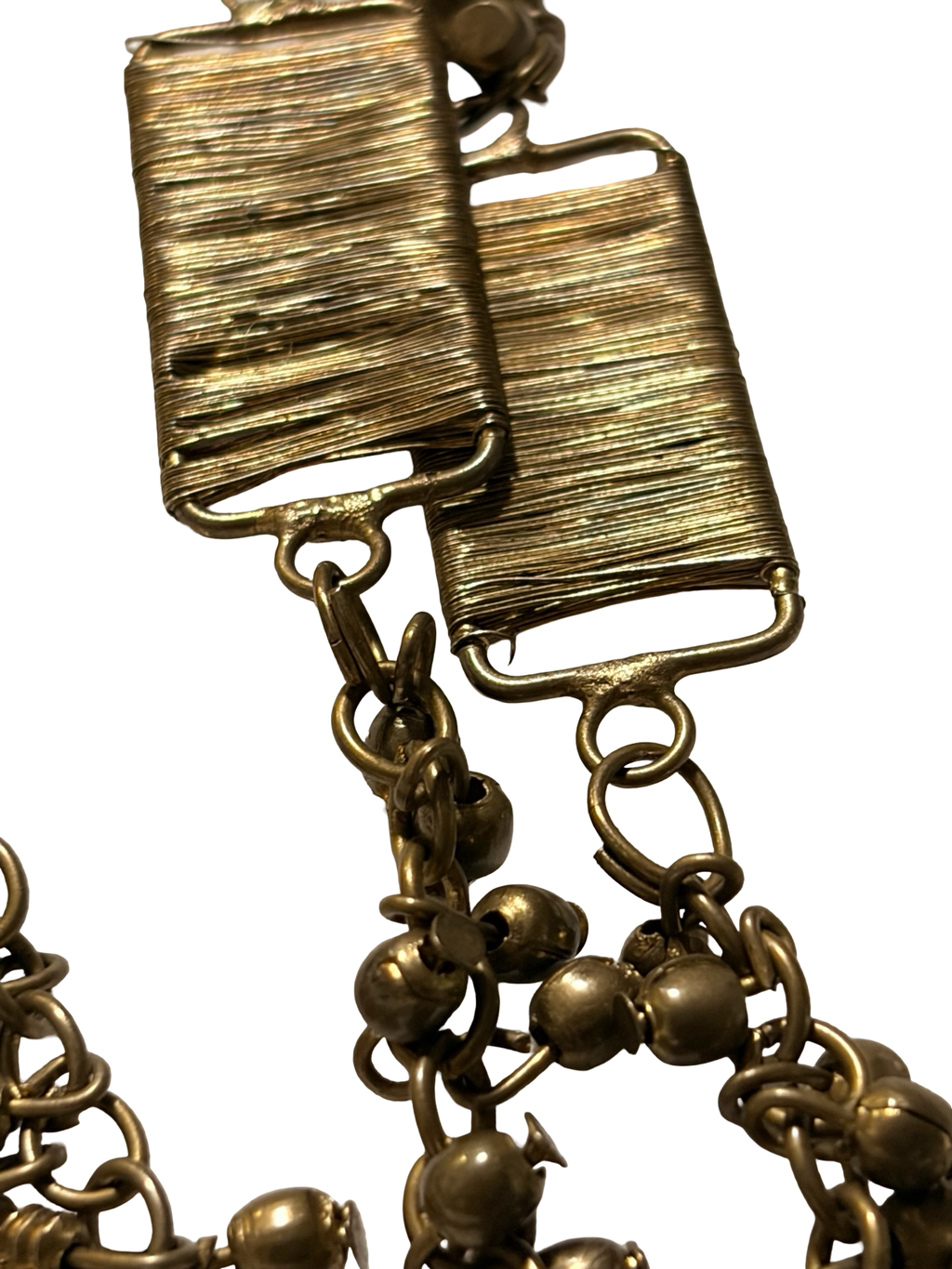 Vintage Brass Tone Wrapped Wire Panel &amp; Bell Chain Statement Necklace