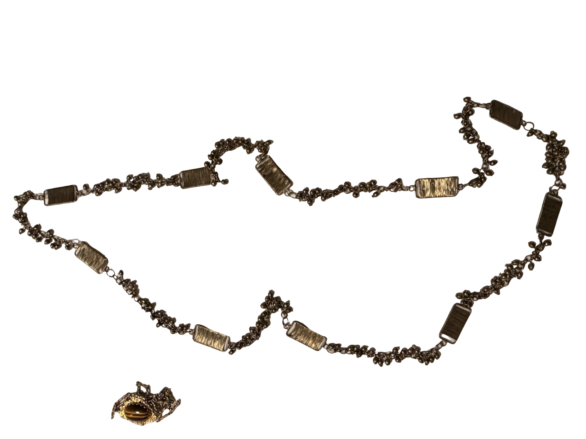 Vintage Brass Tone Wrapped Wire Panel &amp; Bell Chain Statement Necklace
