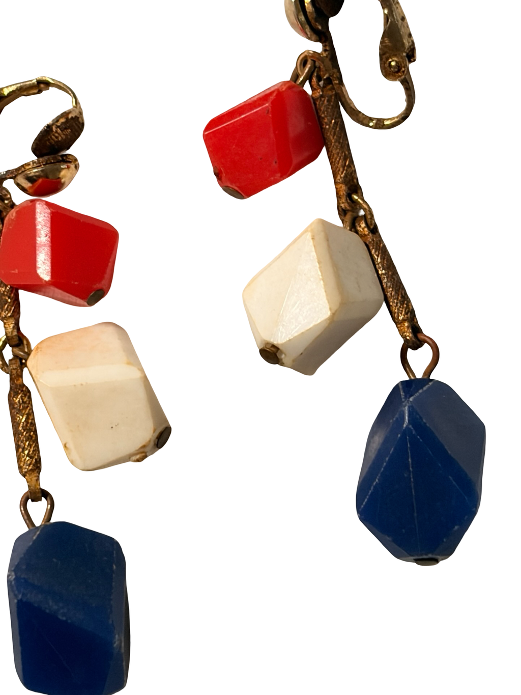 Vintage Red White Blue Lucite Geometric Dangle Clip-On Earrings Gold Tone