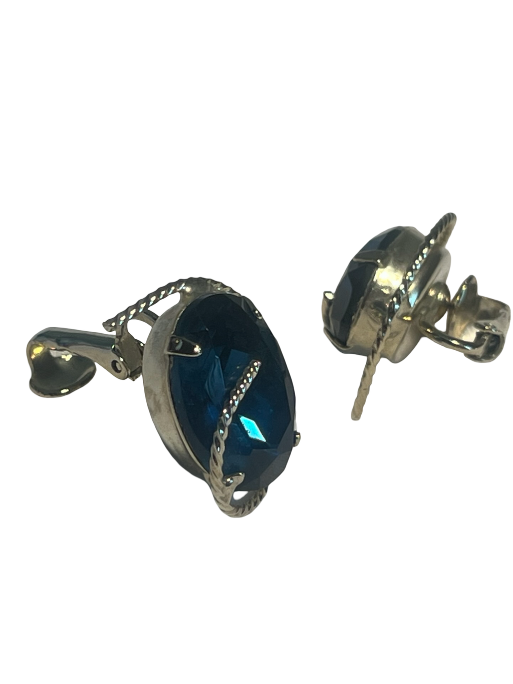 Vintage Silver Tone Blue Rhinestone Clip-On Earrings – Oval Faceted Crystal Statement Earrings