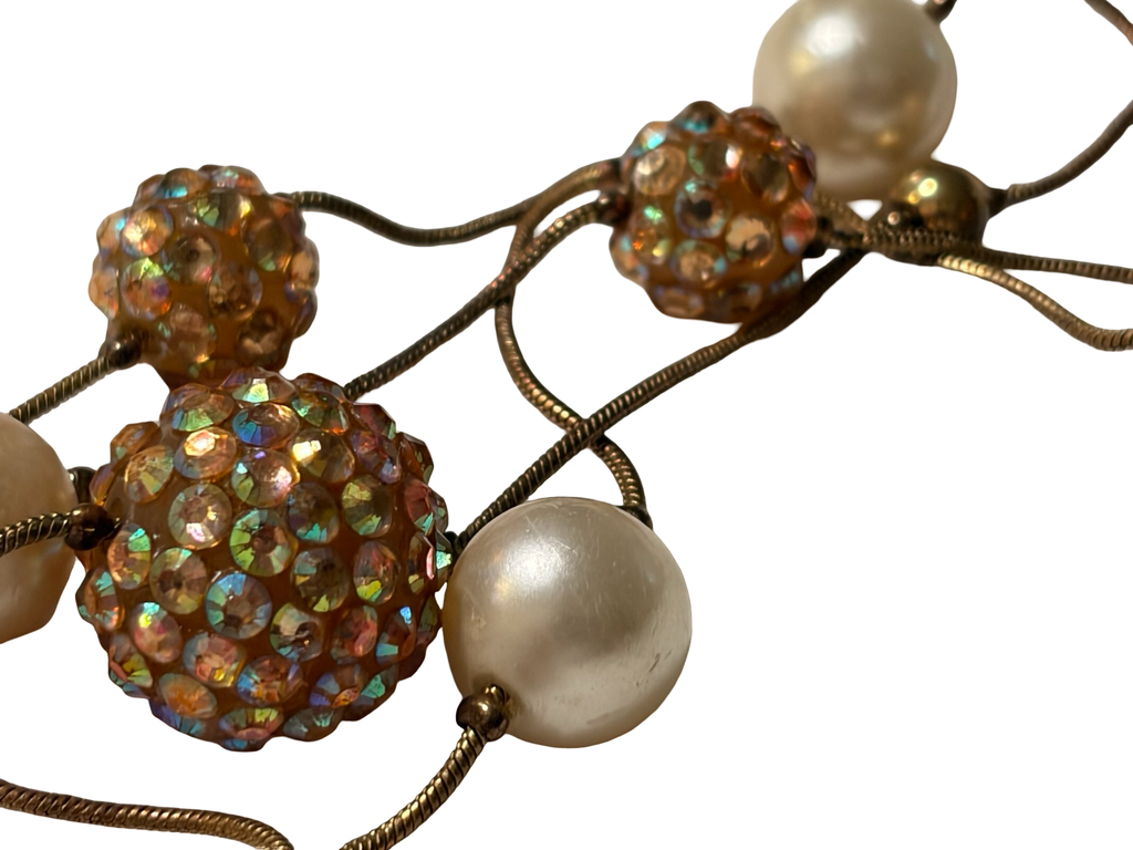 Vintage Faux Pearl &amp; Aurora Borealis Rhinestone Ball Station Necklace