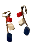 Vintage Red White Blue Lucite Geometric Dangle Clip-On Earrings Gold Tone