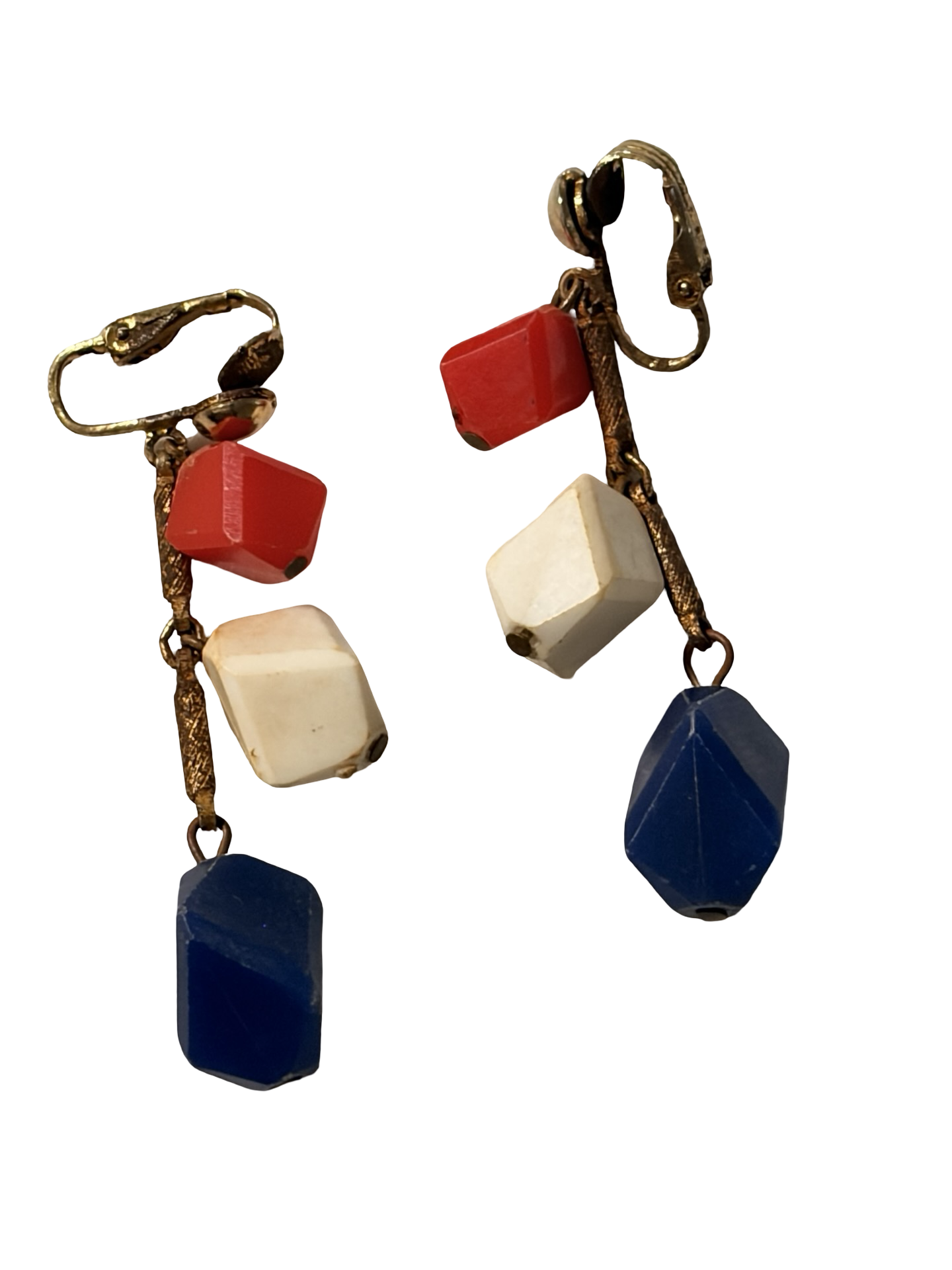 Vintage Red White Blue Lucite Geometric Dangle Clip-On Earrings Gold Tone