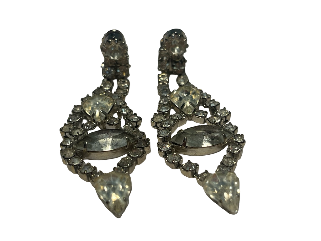 Vintage Rhinestone Dangle Clip-On Earrings Clear Marquise Glass Stones Silver Tone Mid Century