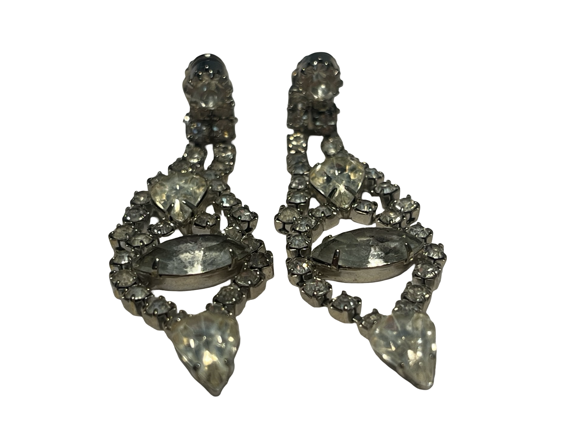 Vintage Rhinestone Dangle Clip-On Earrings Clear Marquise Glass Stones Silver Tone Mid Century