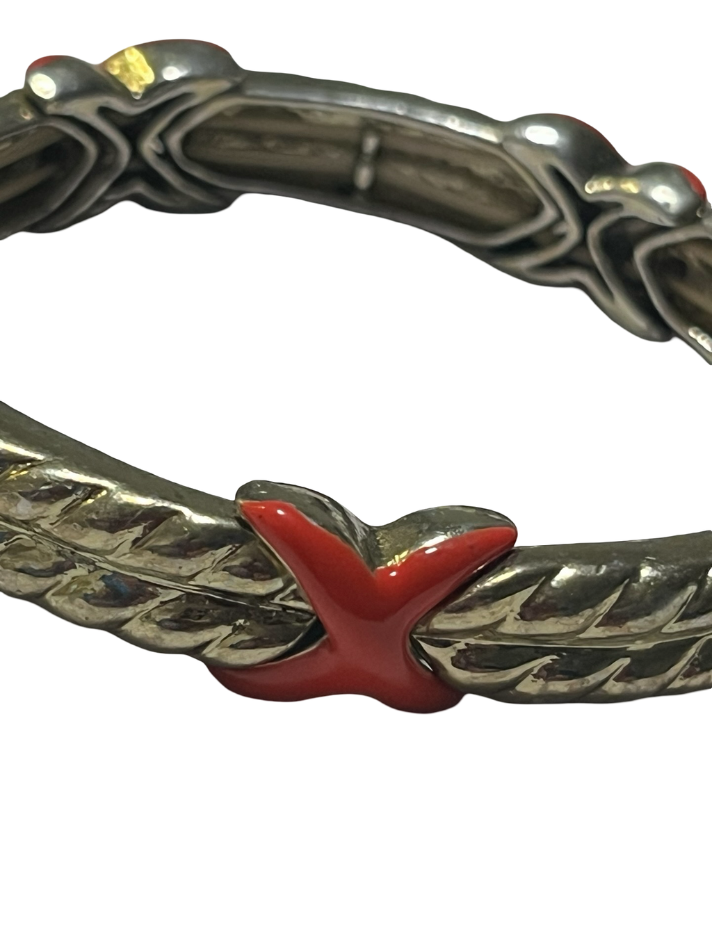 Vintage Silver-Tone &amp; Red Enamel leaf link bracelet