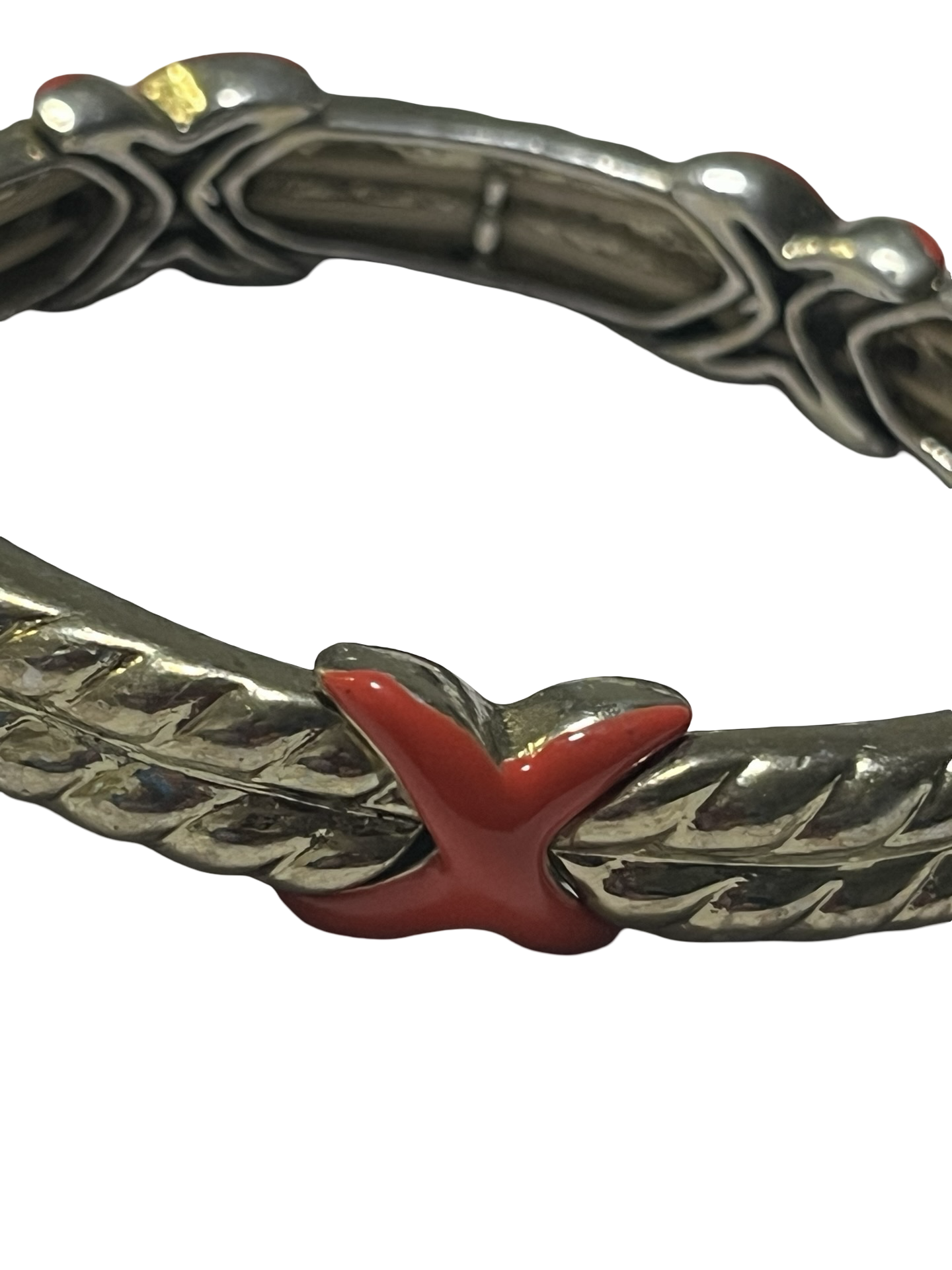 Vintage Silver-Tone &amp; Red Enamel leaf link bracelet
