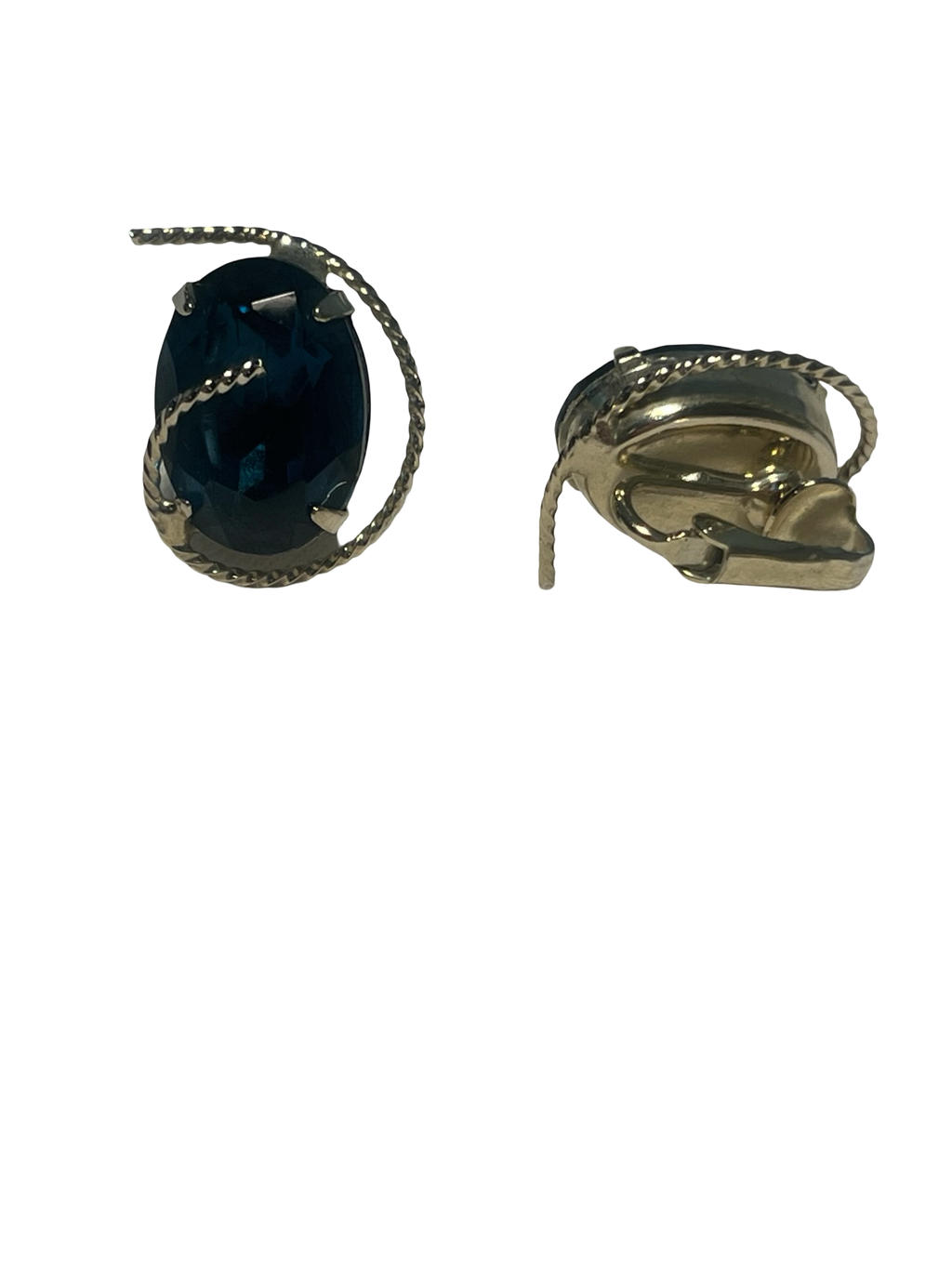 Vintage Silver Tone Blue Rhinestone Clip-On Earrings – Oval Faceted Crystal Statement Earrings
