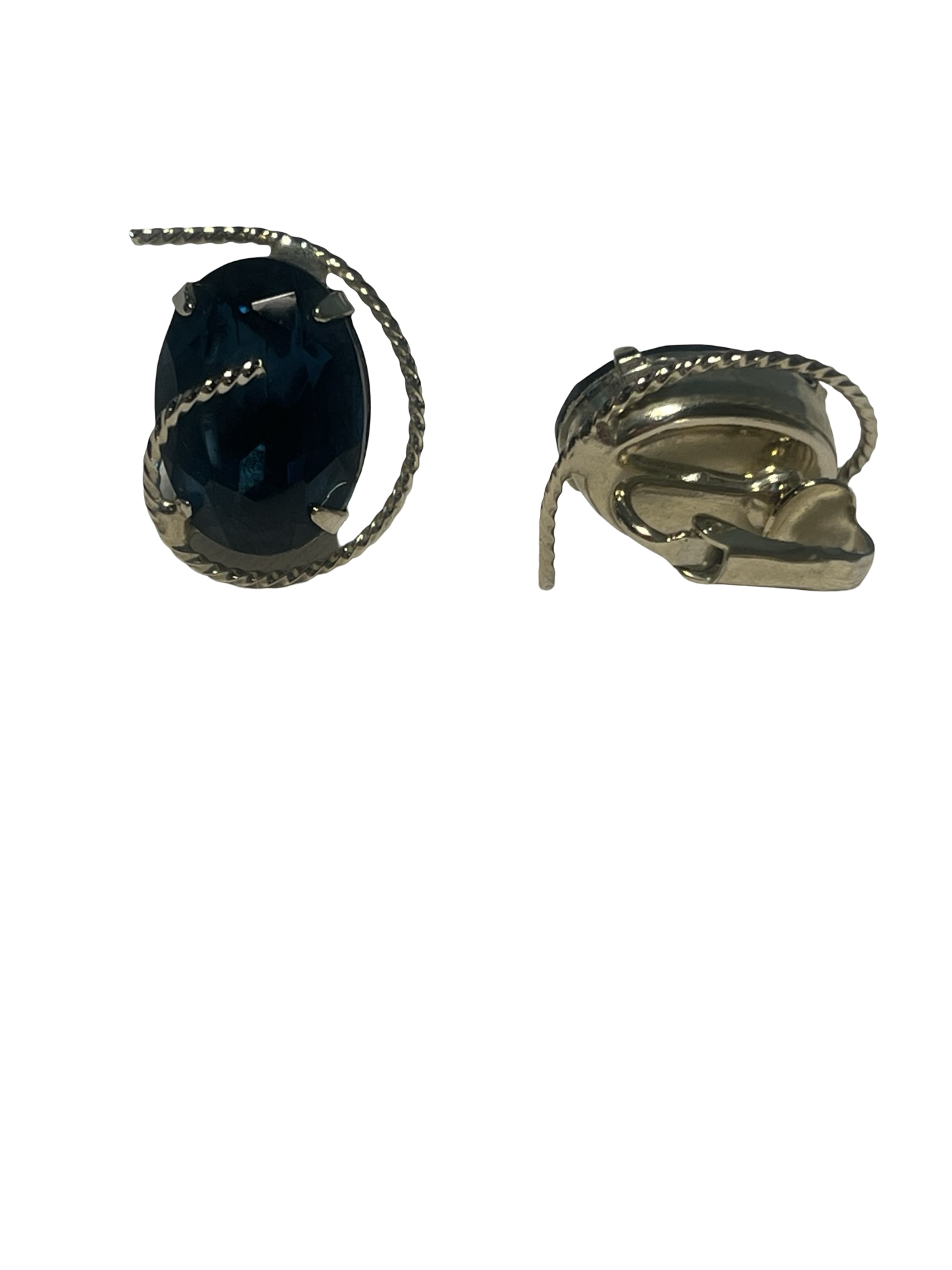 Vintage Silver Tone Blue Rhinestone Clip-On Earrings – Oval Faceted Crystal Statement Earrings
