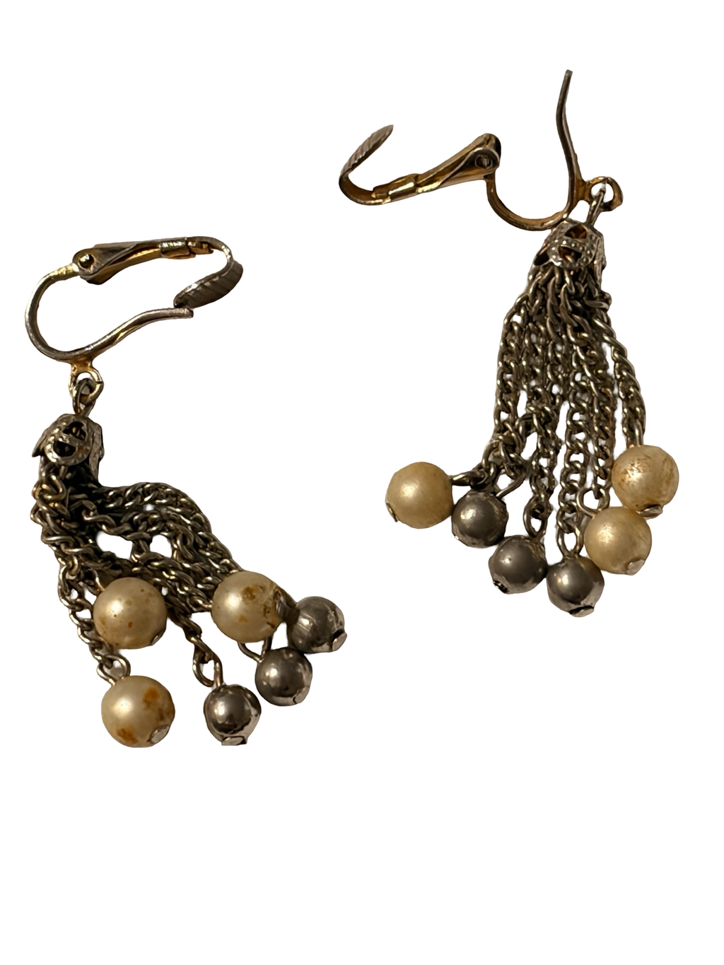 Vintage Gold &amp; Silver Tone Tassel Fringe Clip-On Dangle Earrings Mid Century