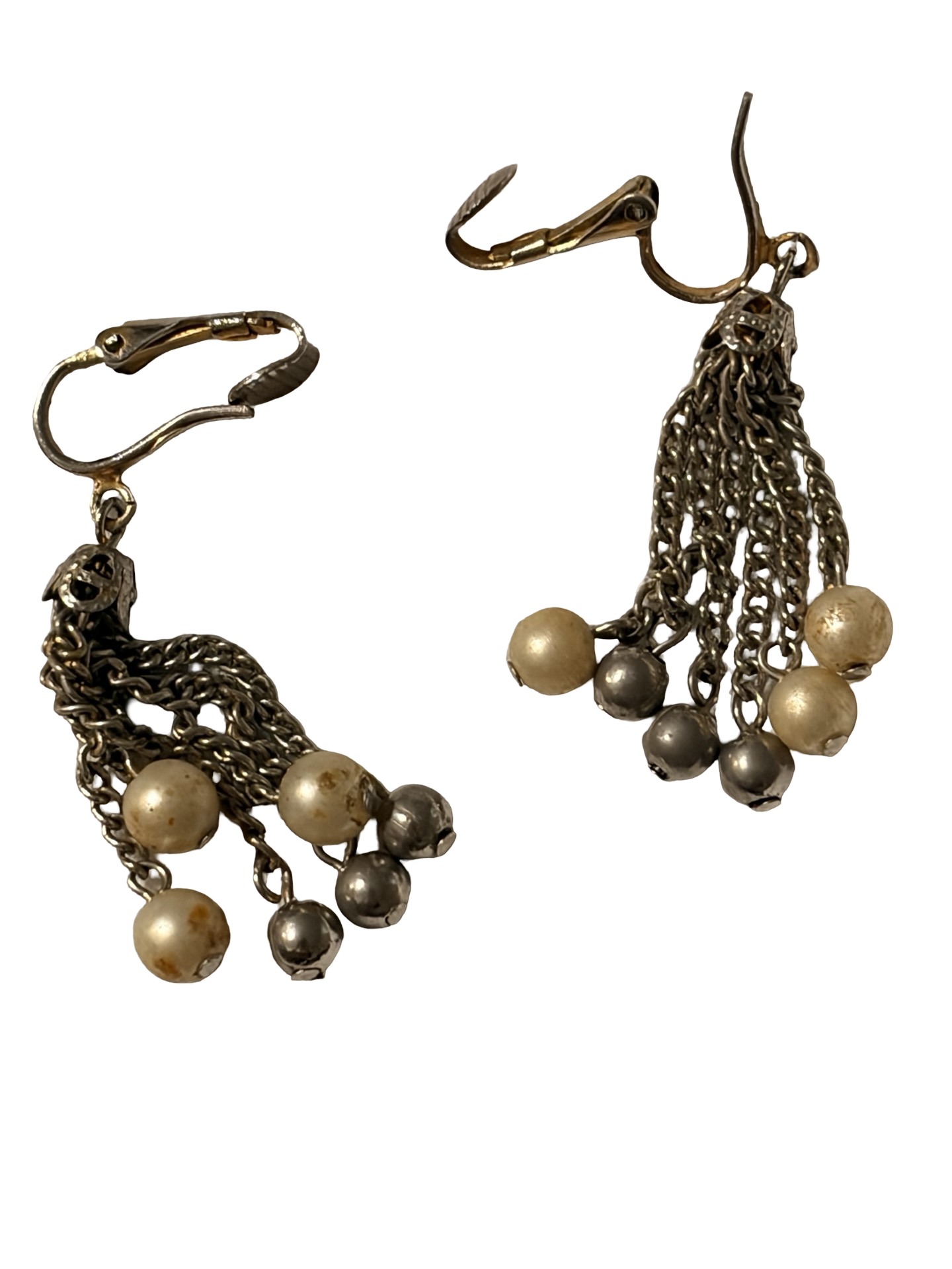 Vintage Gold &amp; Silver Tone Tassel Fringe Clip-On Dangle Earrings Mid Century