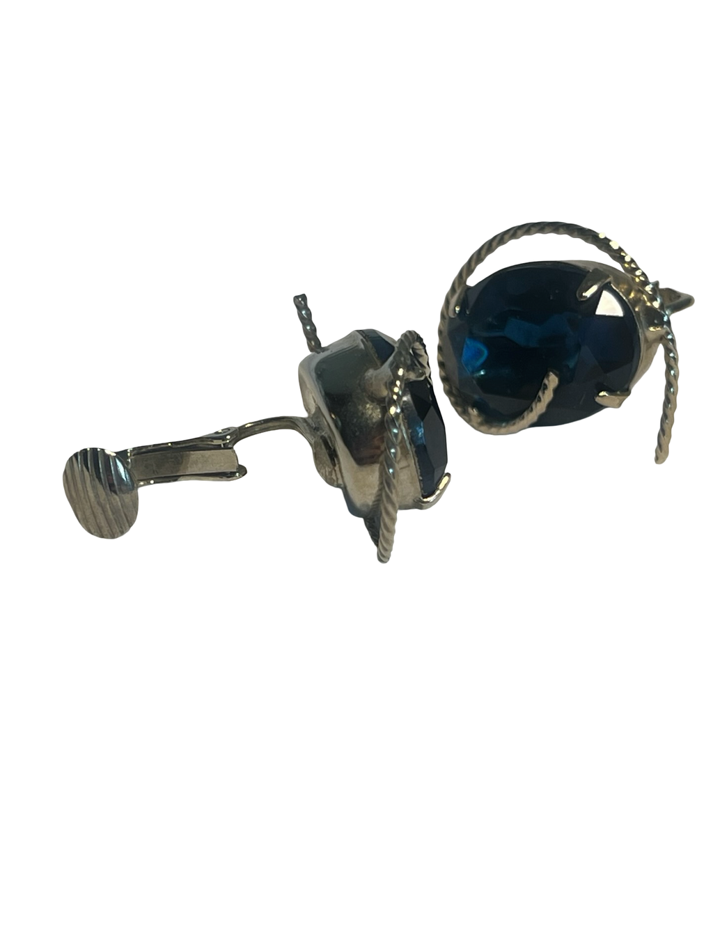 Vintage Silver Tone Blue Rhinestone Clip-On Earrings – Oval Faceted Crystal Statement Earrings