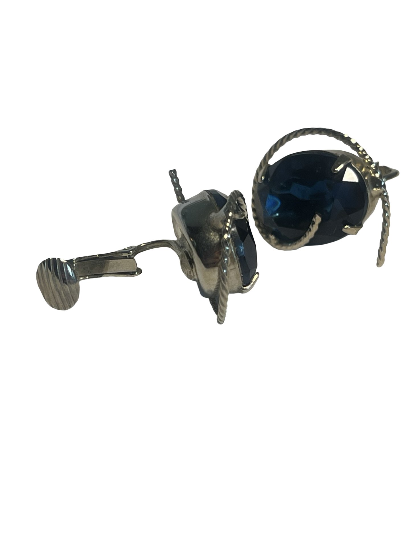 Vintage Silver Tone Blue Rhinestone Clip-On Earrings – Oval Faceted Crystal Statement Earrings