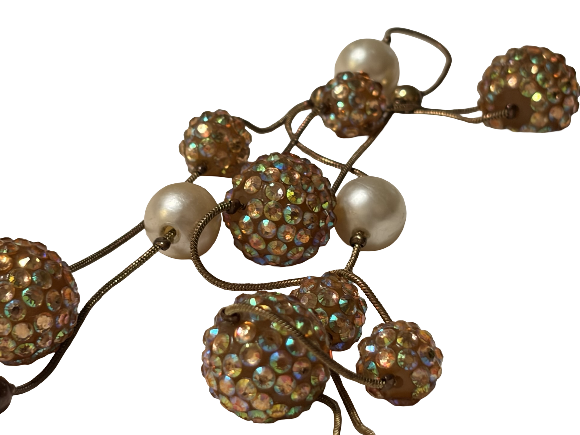 Vintage Faux Pearl &amp; Aurora Borealis Rhinestone Ball Station Necklace