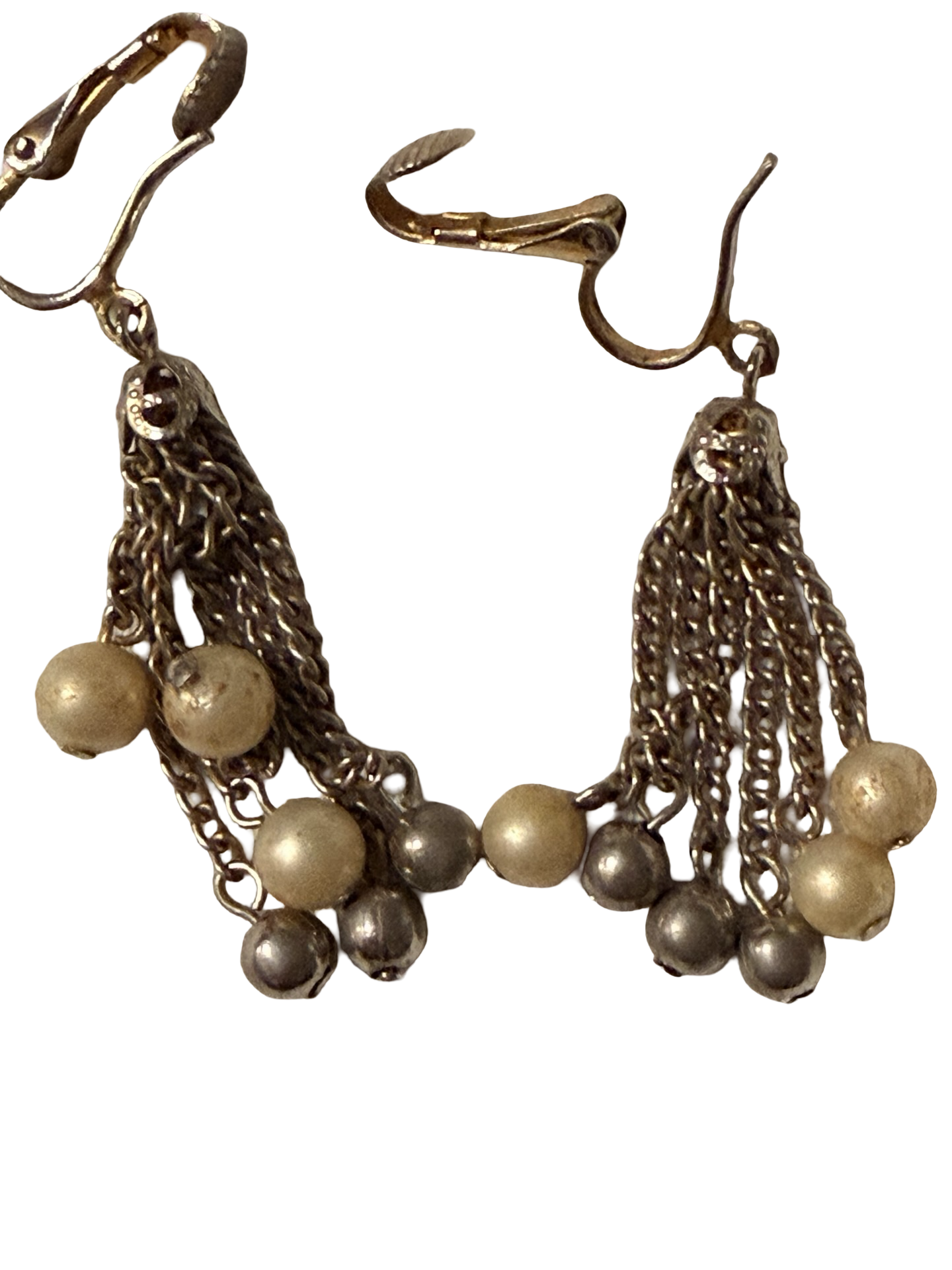 Vintage Gold &amp; Silver Tone Tassel Fringe Clip-On Dangle Earrings Mid Century