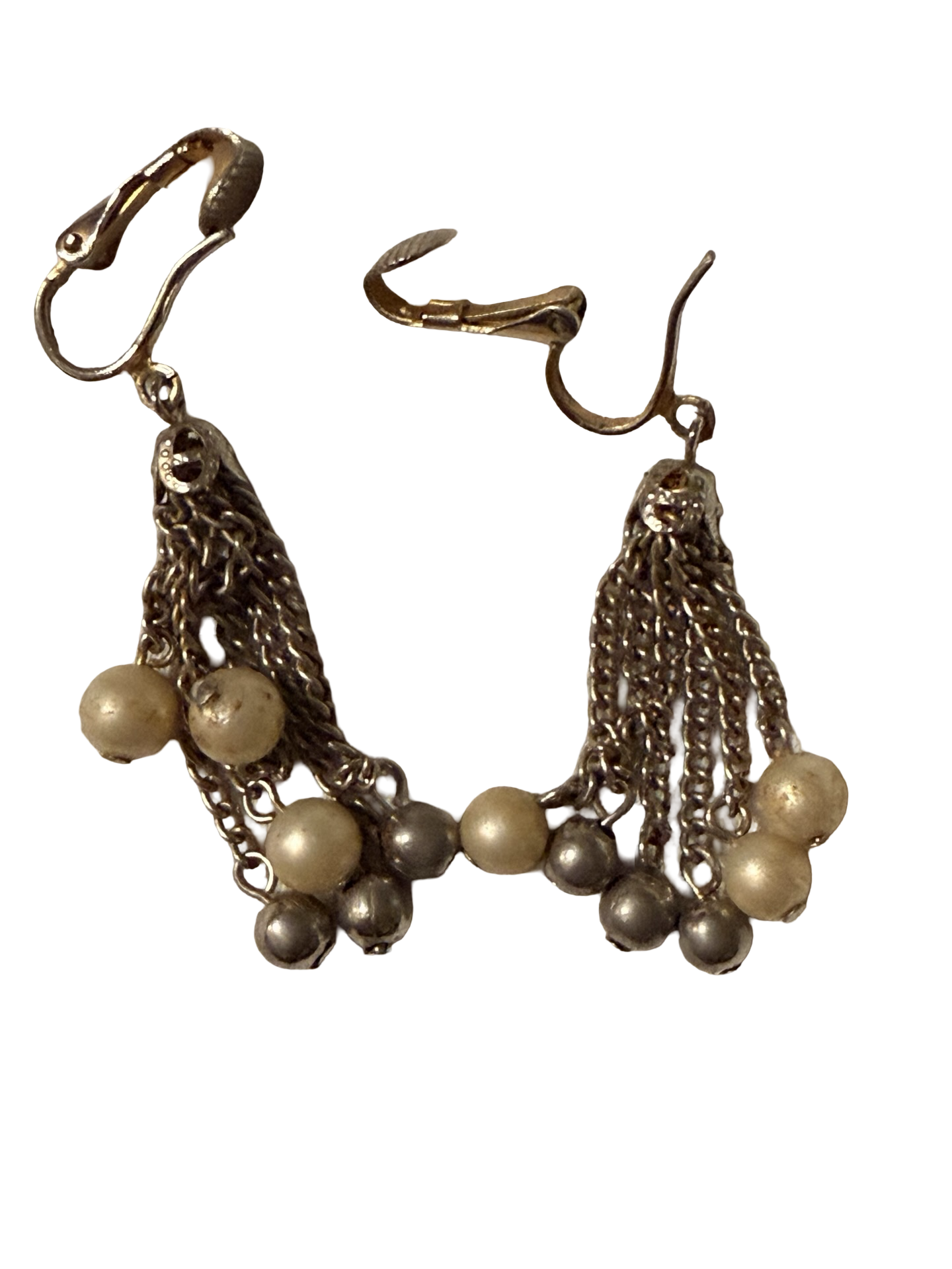 Vintage Gold &amp; Silver Tone Tassel Fringe Clip-On Dangle Earrings Mid Century