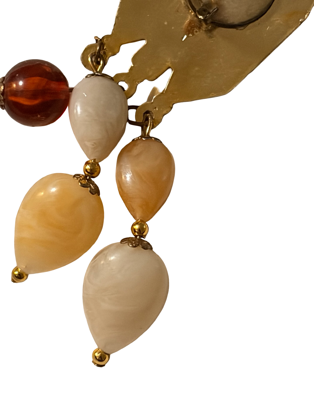 Vintage Art Deco Gold Tone Clip On Dangle Earrings Marbled Lucite Acrylic Beads