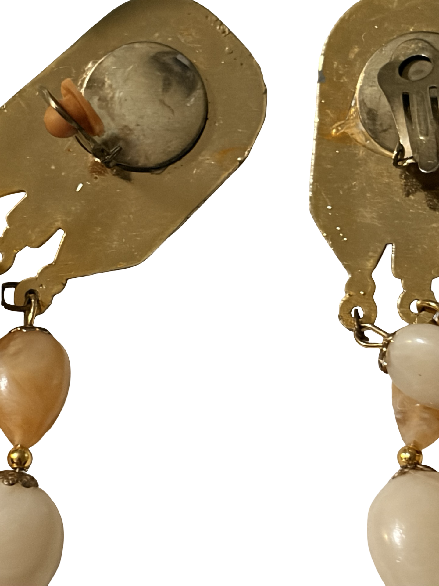 Vintage Art Deco Gold Tone Clip On Dangle Earrings Marbled Lucite Acrylic Beads