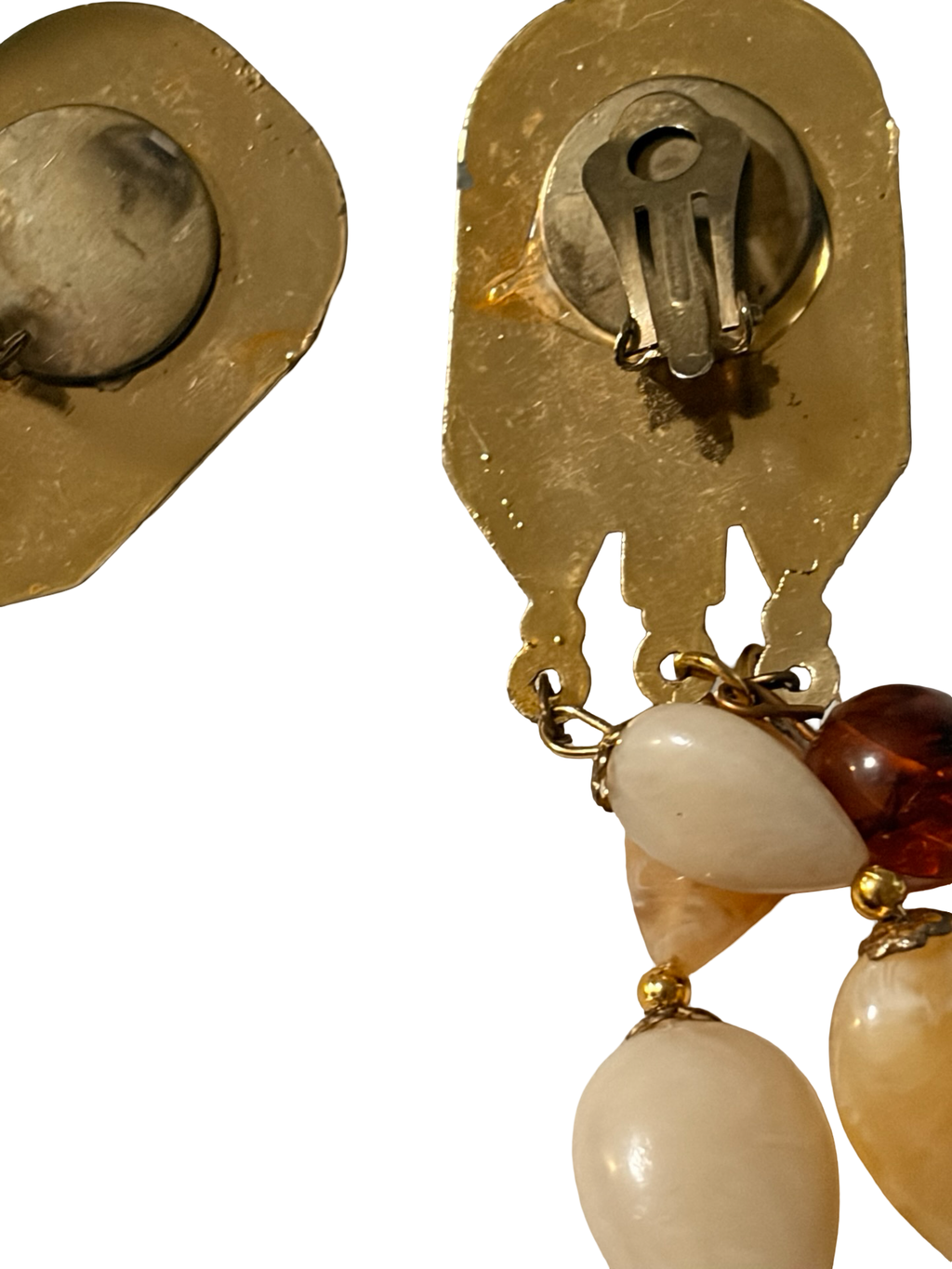 Vintage Art Deco Gold Tone Clip On Dangle Earrings Marbled Lucite Acrylic Beads