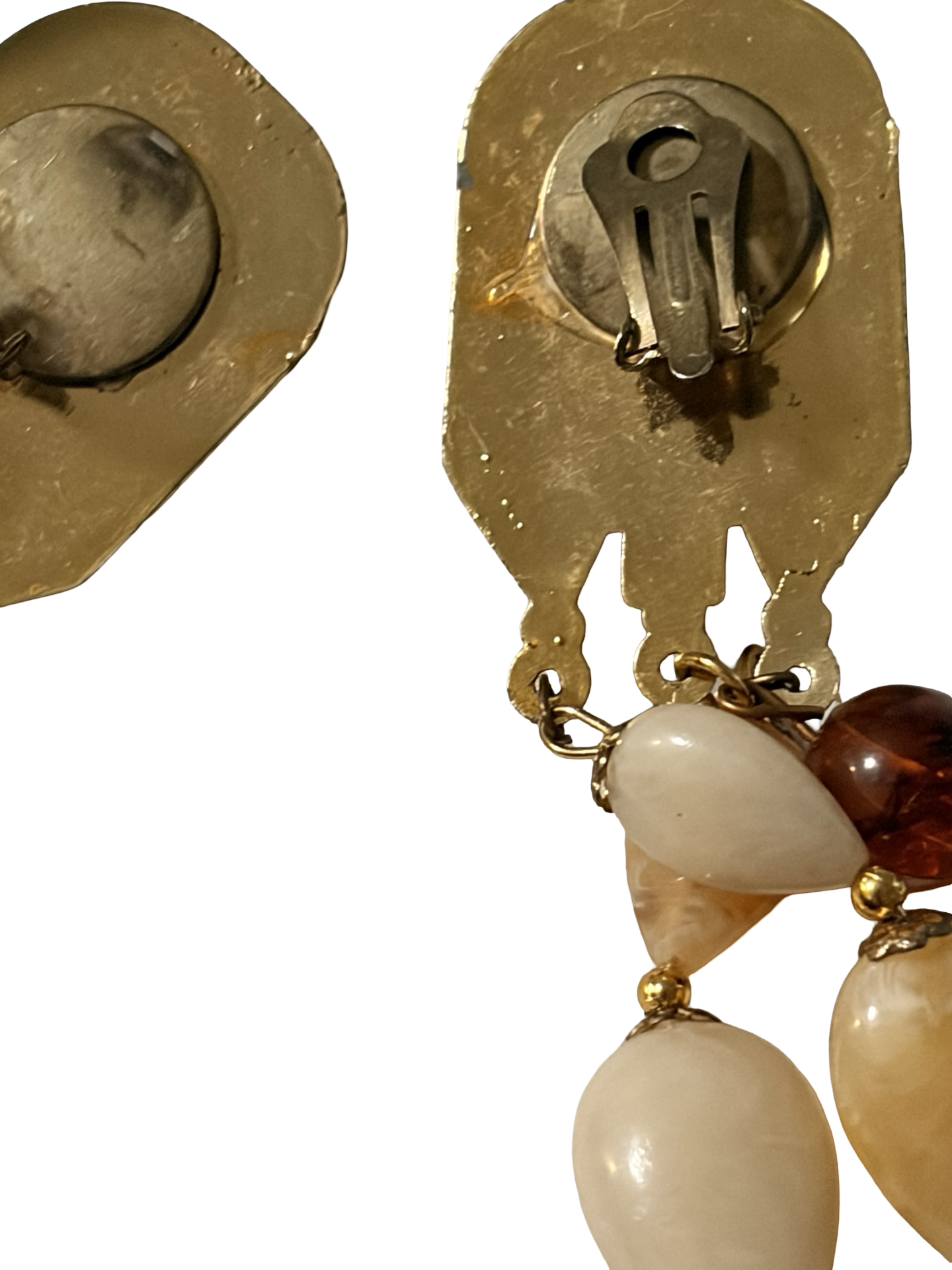 Vintage Art Deco Gold Tone Clip On Dangle Earrings Marbled Lucite Acrylic Beads