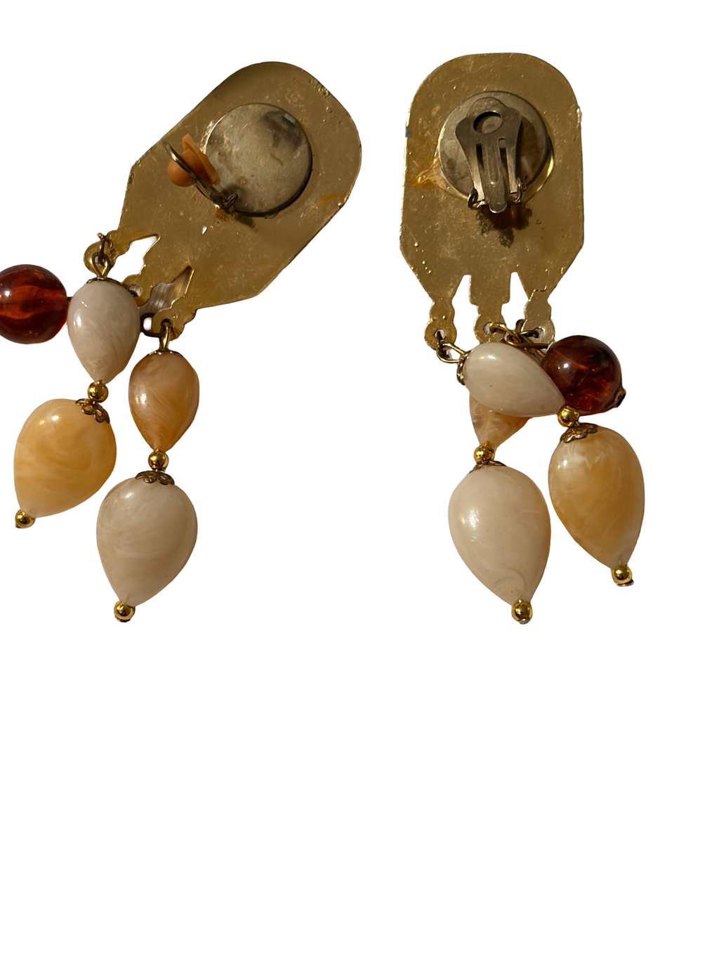 Vintage Art Deco Gold Tone Clip On Dangle Earrings Marbled Lucite Acrylic Beads
