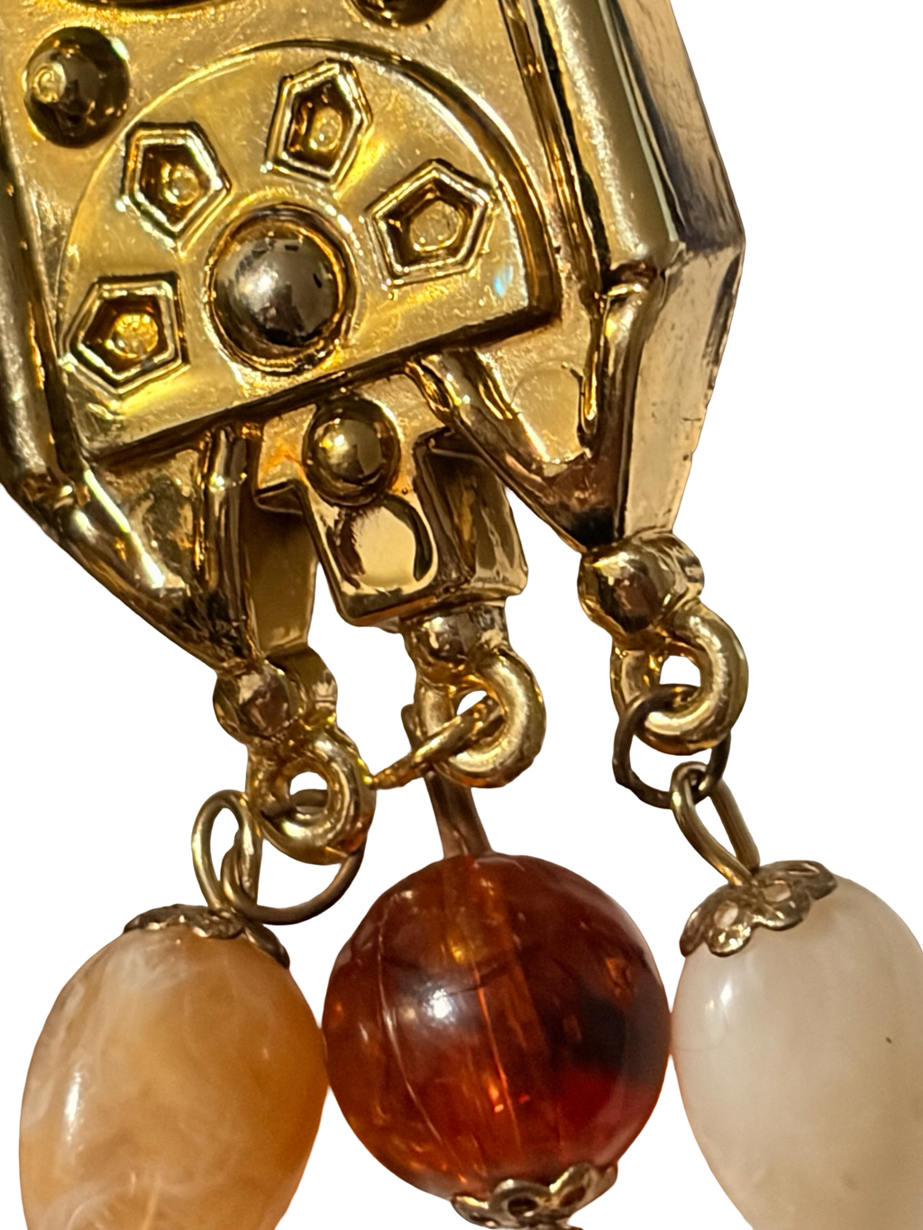 Vintage Art Deco Gold Tone Clip On Dangle Earrings Marbled Lucite Acrylic Beads