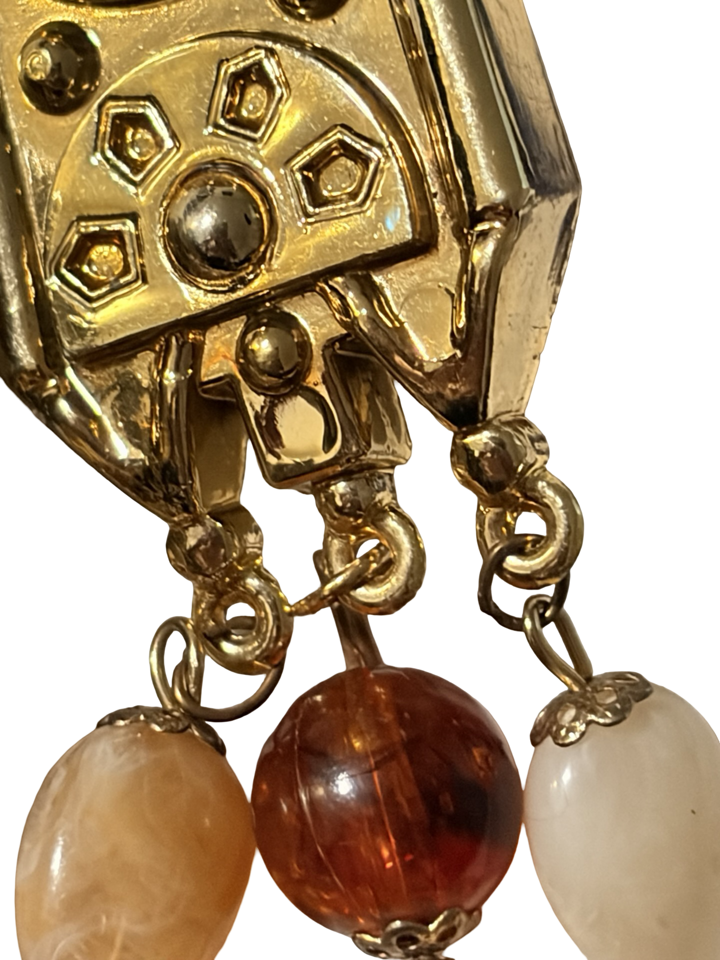Vintage Art Deco Gold Tone Clip On Dangle Earrings Marbled Lucite Acrylic Beads