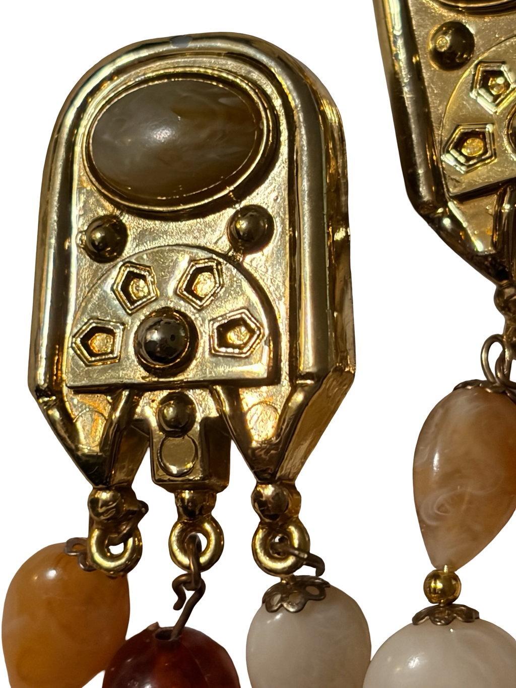 Vintage Art Deco Gold Tone Clip On Dangle Earrings Marbled Lucite Acrylic Beads