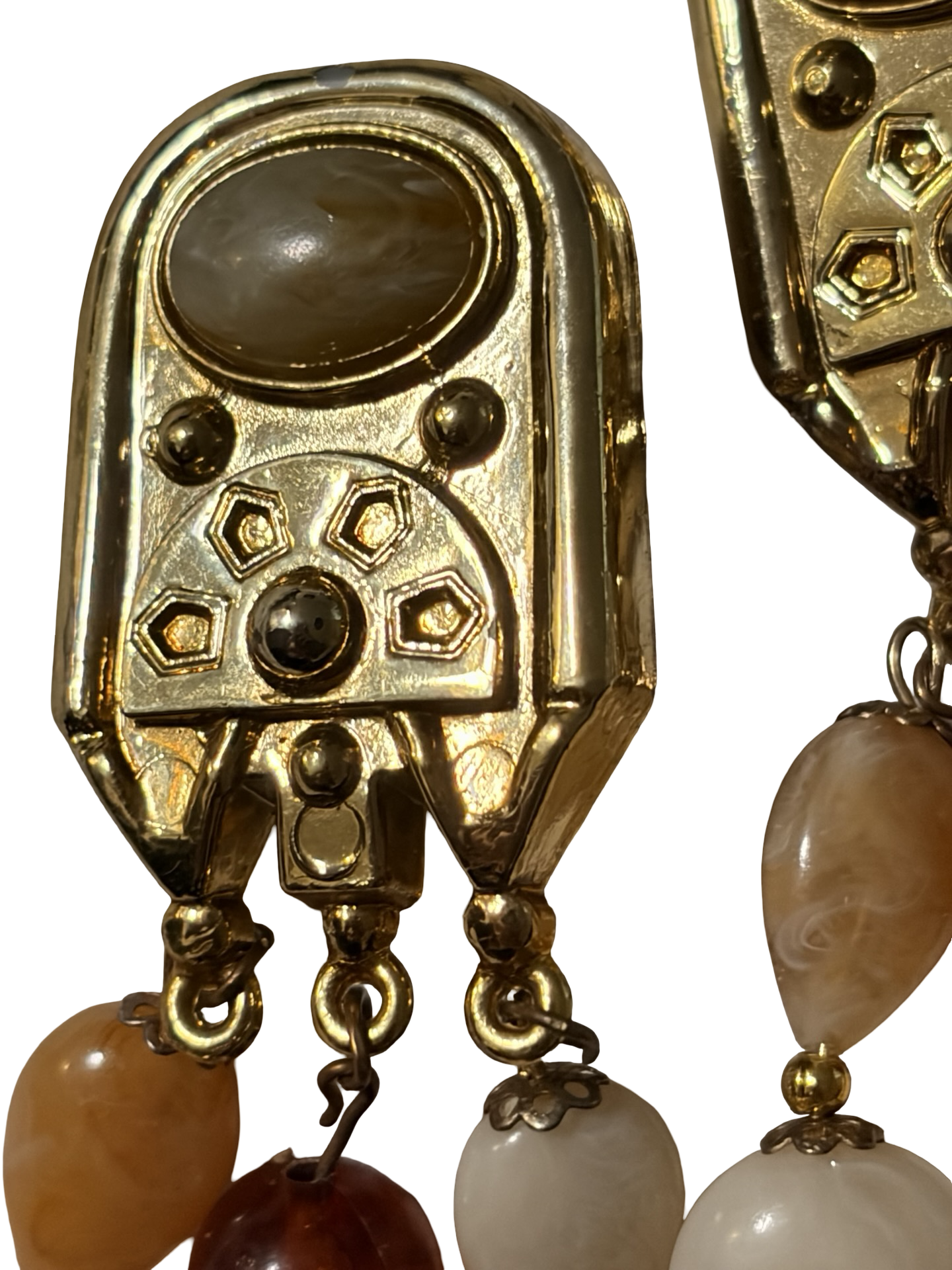 Vintage Art Deco Gold Tone Clip On Dangle Earrings Marbled Lucite Acrylic Beads