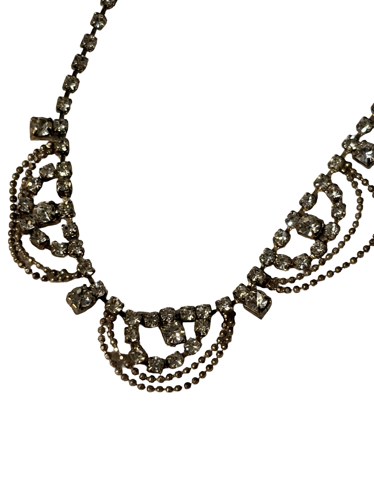 Vintage Art Deco Style Clear Rhinestone Drape Necklace | Silver Tone Crystal Bib Necklace | Bridal Statement Jewelry