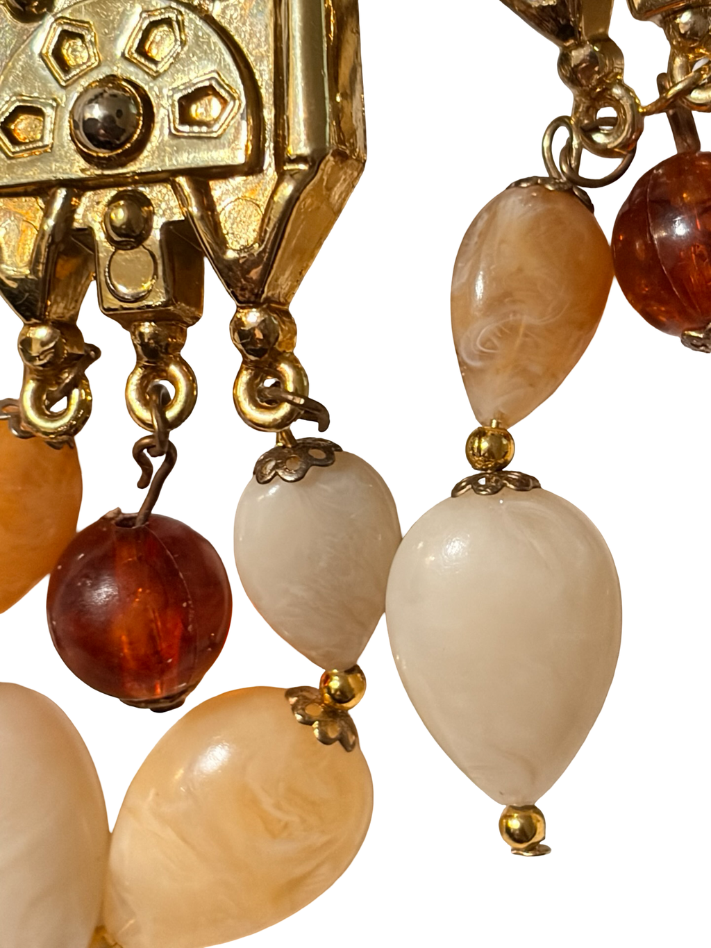 Vintage Art Deco Gold Tone Clip On Dangle Earrings Marbled Lucite Acrylic Beads