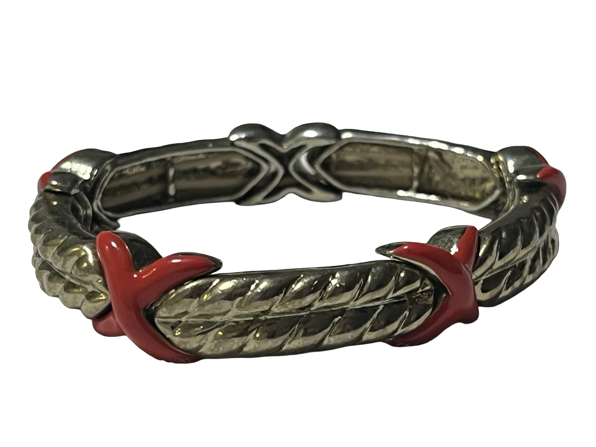 Vintage Silver-Tone &amp; Red Enamel leaf link bracelet