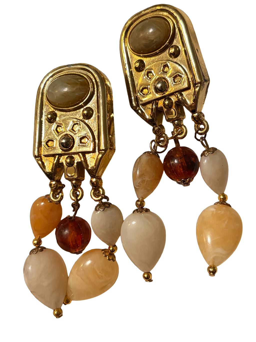 Vintage Art Deco Gold Tone Clip On Dangle Earrings Marbled Lucite Acrylic Beads