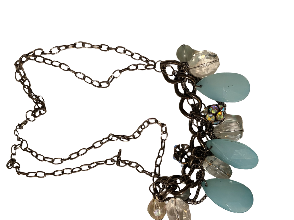 Vintage Blue Chalcedony Glass &amp; Crystal Cluster Statement Necklace | Gunmetal Chain | Aurora Borealis Beaded Bib Necklace