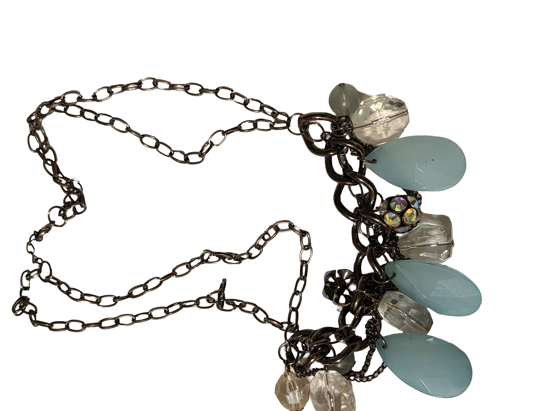 Vintage Blue Chalcedony Glass &amp; Crystal Cluster Statement Necklace | Gunmetal Chain | Aurora Borealis Beaded Bib Necklace