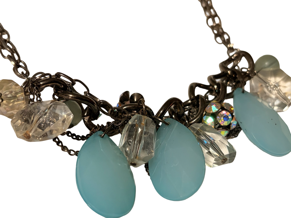 Vintage Blue Chalcedony Glass &amp; Crystal Cluster Statement Necklace | Gunmetal Chain | Aurora Borealis Beaded Bib Necklace