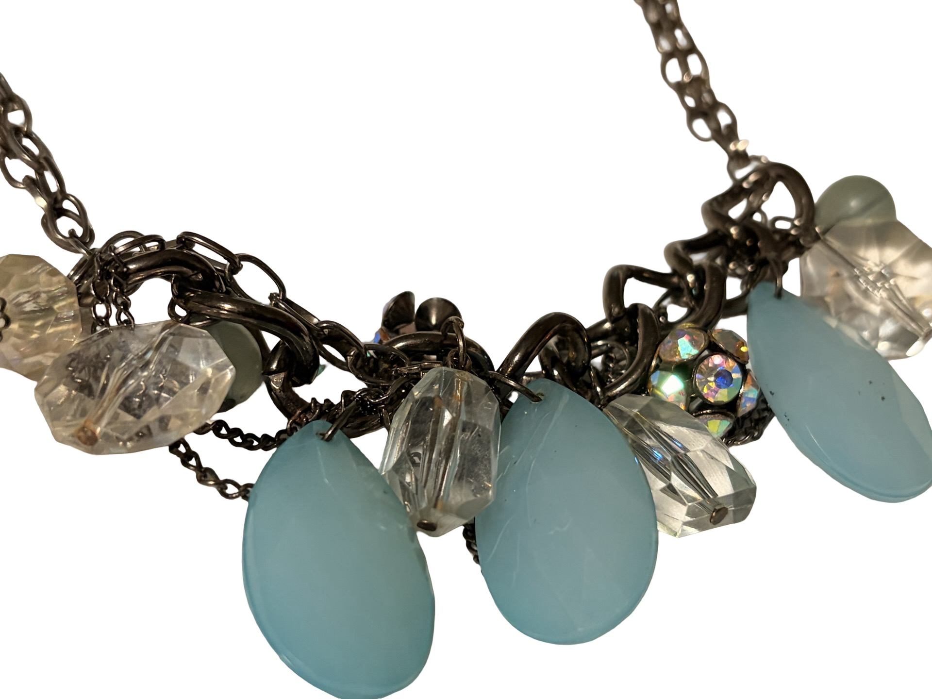 Vintage Blue Chalcedony Glass &amp; Crystal Cluster Statement Necklace | Gunmetal Chain | Aurora Borealis Beaded Bib Necklace