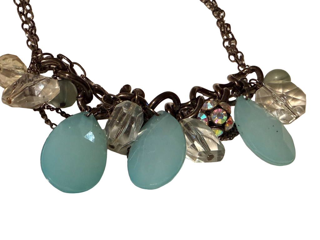 Vintage Blue Chalcedony Glass &amp; Crystal Cluster Statement Necklace | Gunmetal Chain | Aurora Borealis Beaded Bib Necklace