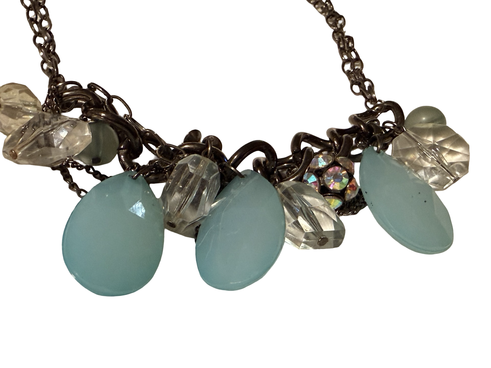 Vintage Blue Chalcedony Glass &amp; Crystal Cluster Statement Necklace | Gunmetal Chain | Aurora Borealis Beaded Bib Necklace