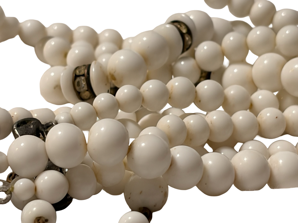 Vintage Japan Multi-Strand White Beaded Necklace with Rhinestone Spacers