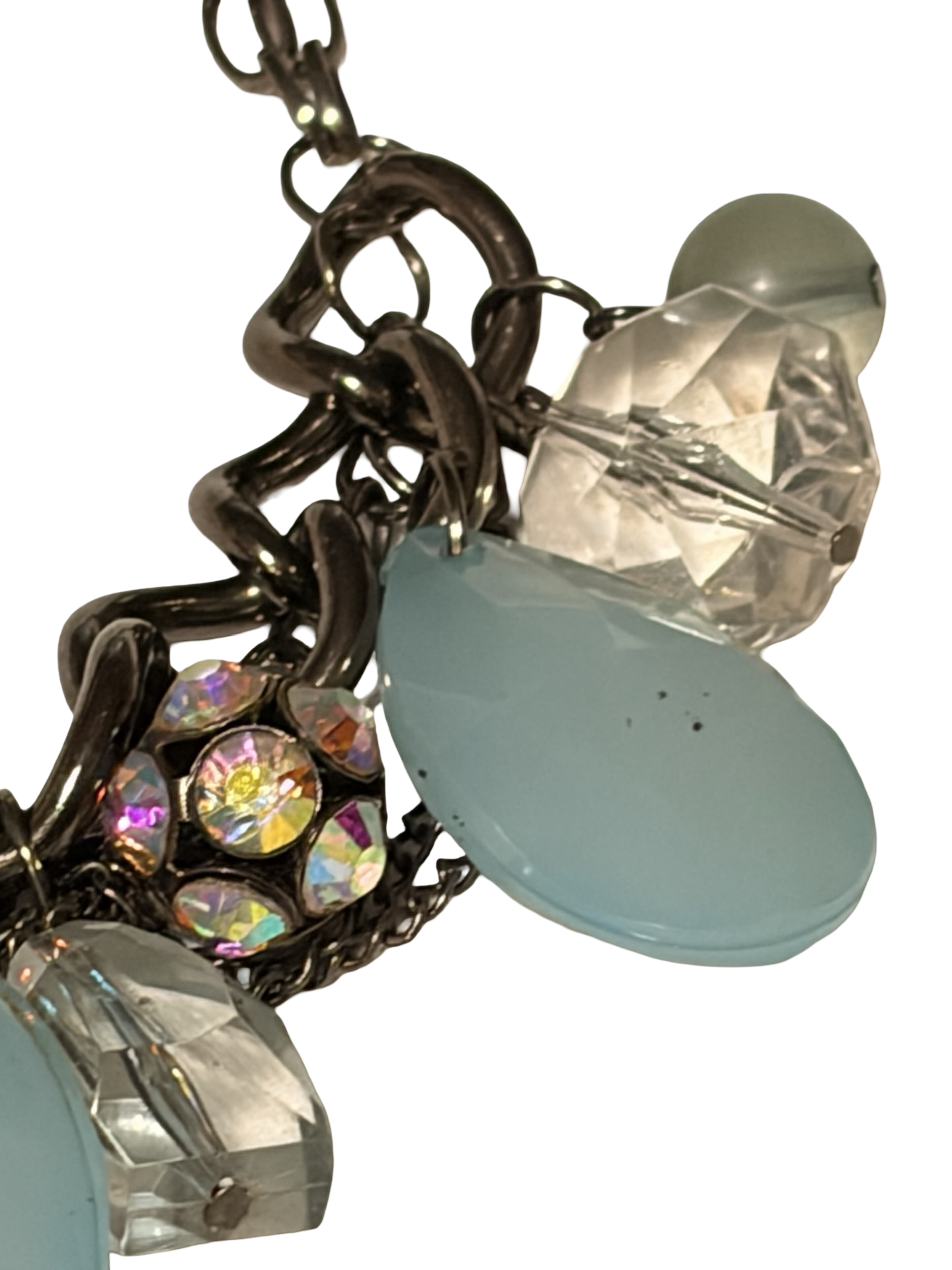 Vintage Blue Chalcedony Glass &amp; Crystal Cluster Statement Necklace | Gunmetal Chain | Aurora Borealis Beaded Bib Necklace