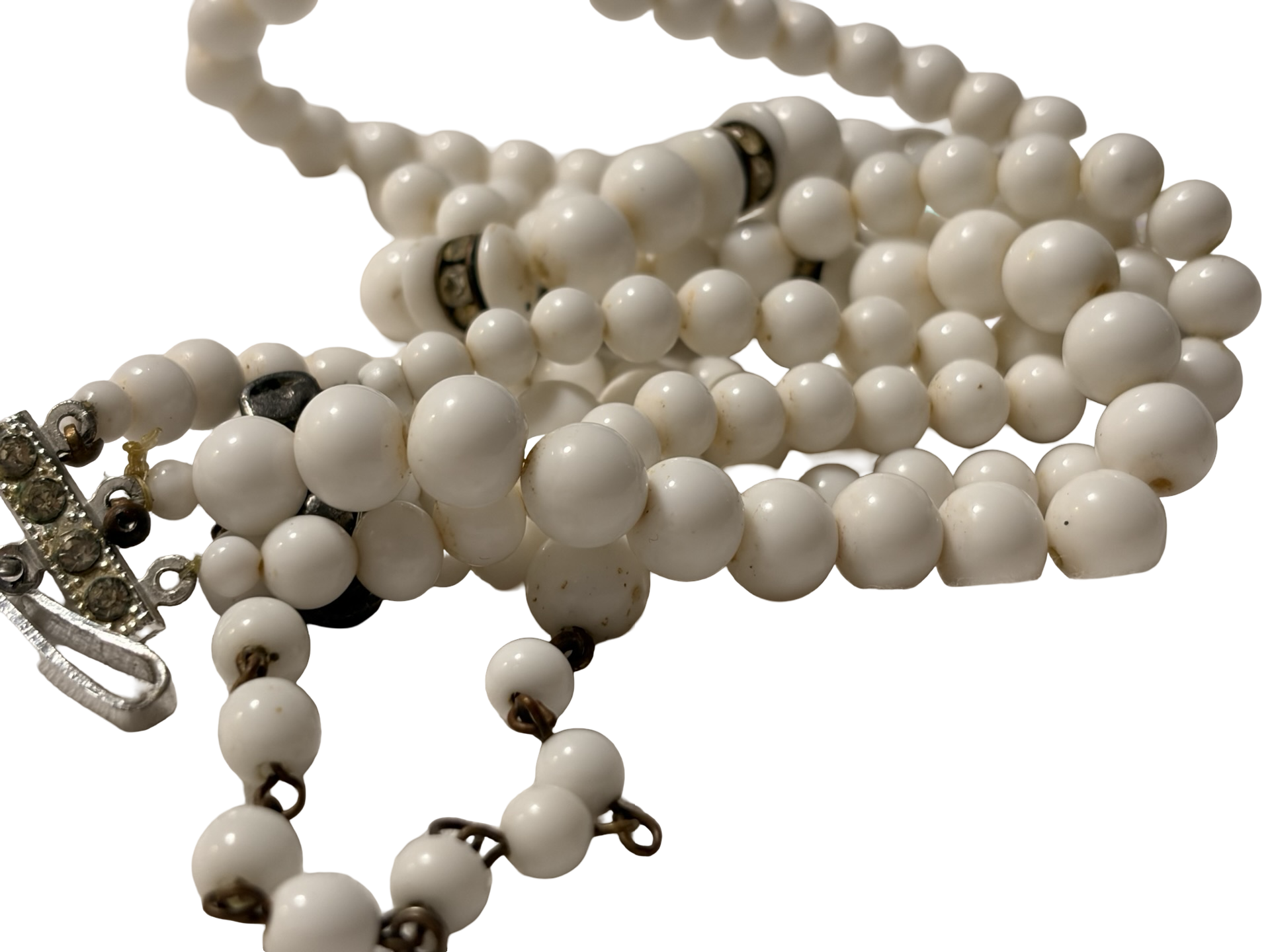 Vintage Japan Multi-Strand White Beaded Necklace with Rhinestone Spacers