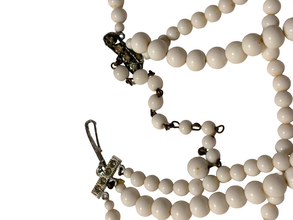 Vintage Japan Multi-Strand White Beaded Necklace with Rhinestone Spacers