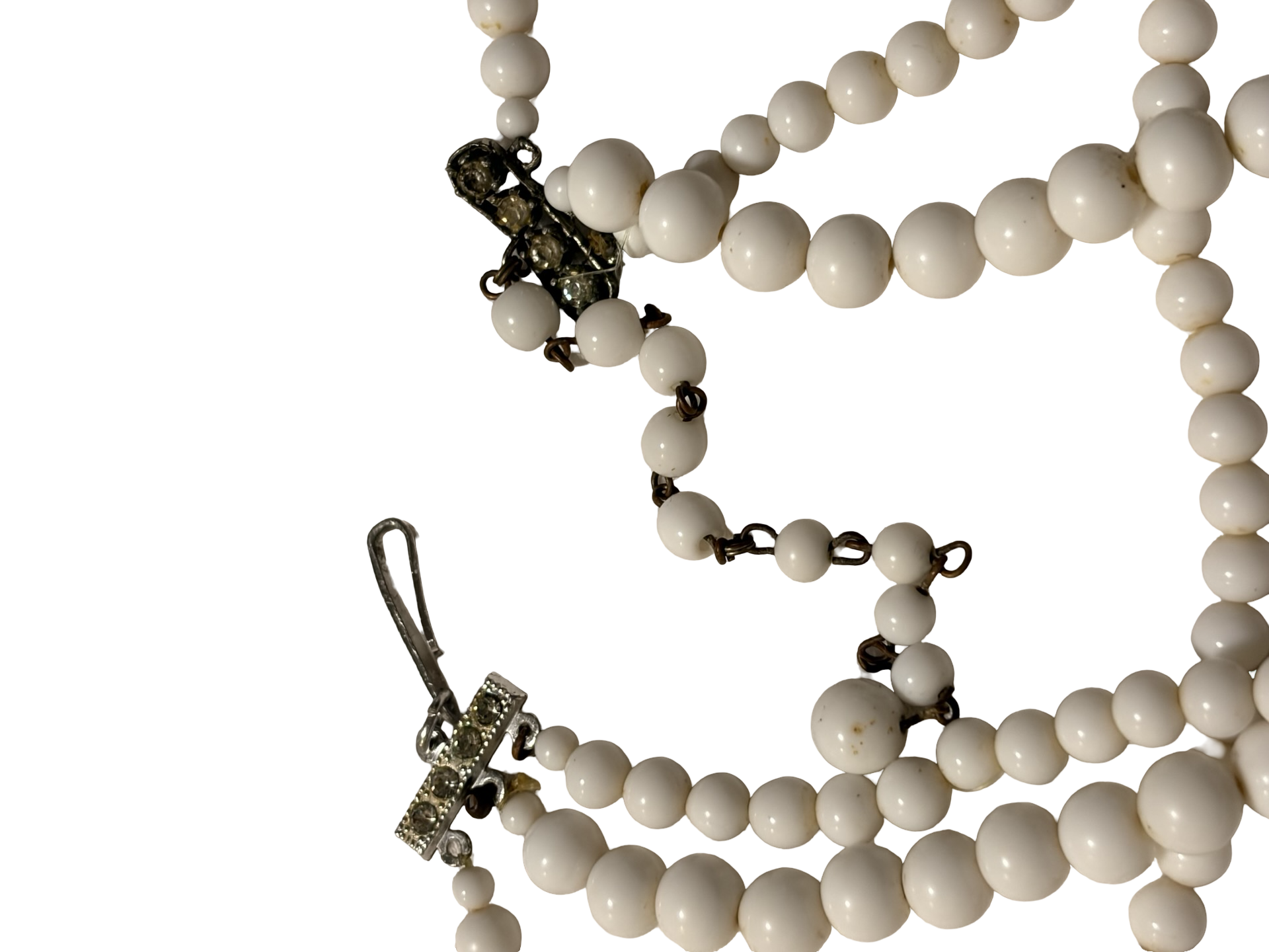 Vintage Japan Multi-Strand White Beaded Necklace with Rhinestone Spacers
