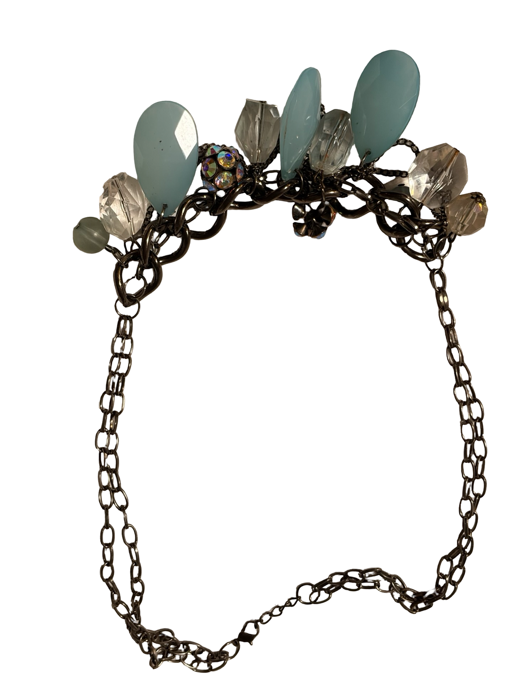 Vintage Blue Chalcedony Glass &amp; Crystal Cluster Statement Necklace | Gunmetal Chain | Aurora Borealis Beaded Bib Necklace