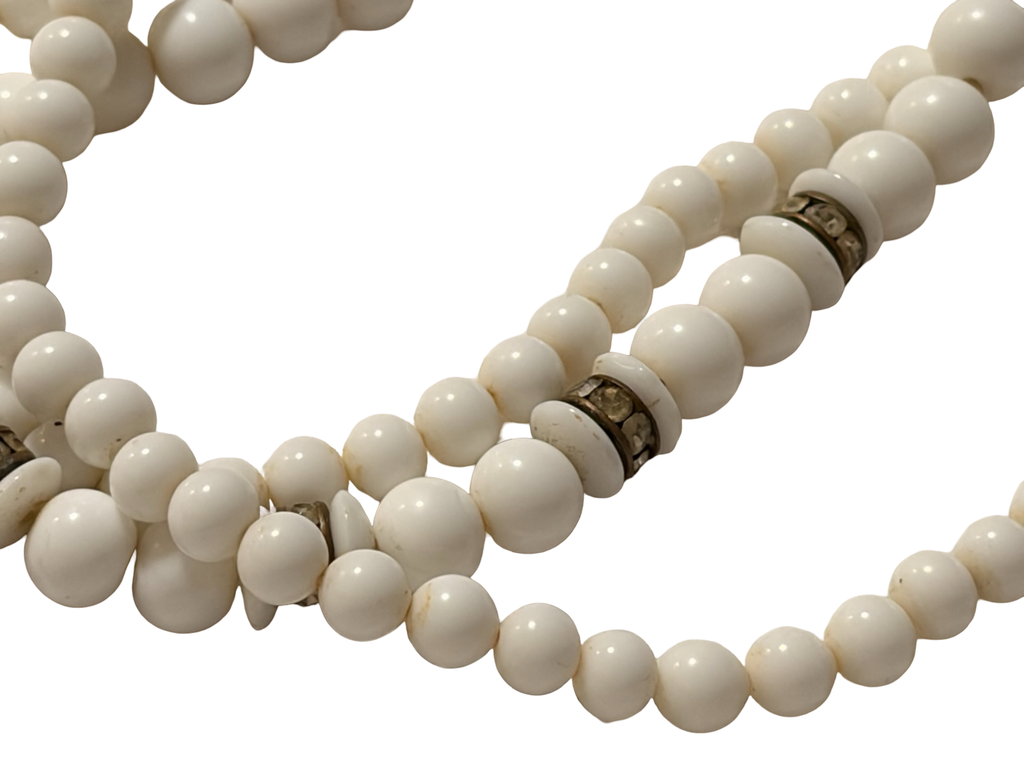 Vintage Japan Multi-Strand White Beaded Necklace with Rhinestone Spacers